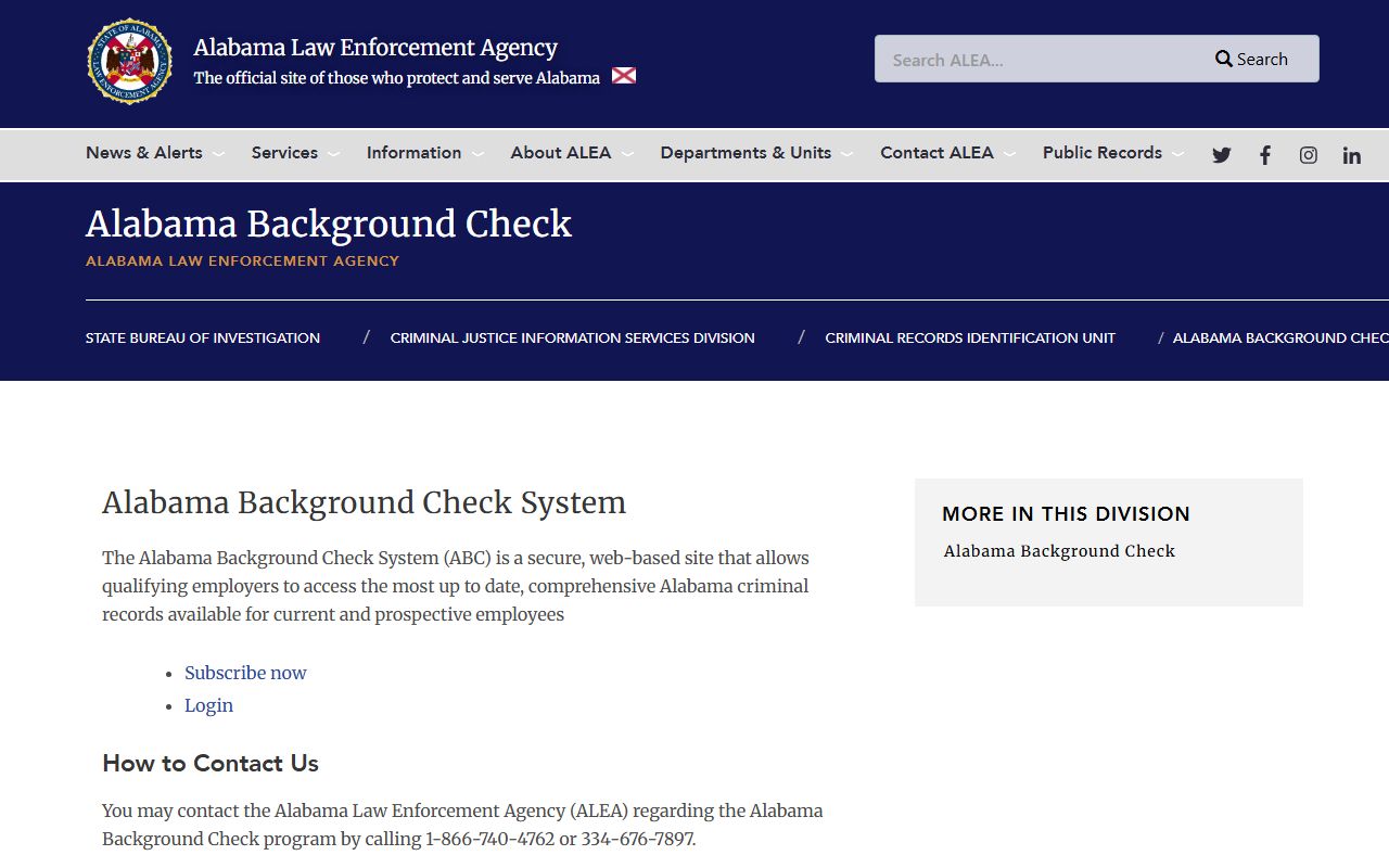 ALEA Alabama background check page with criminal-history request instructions