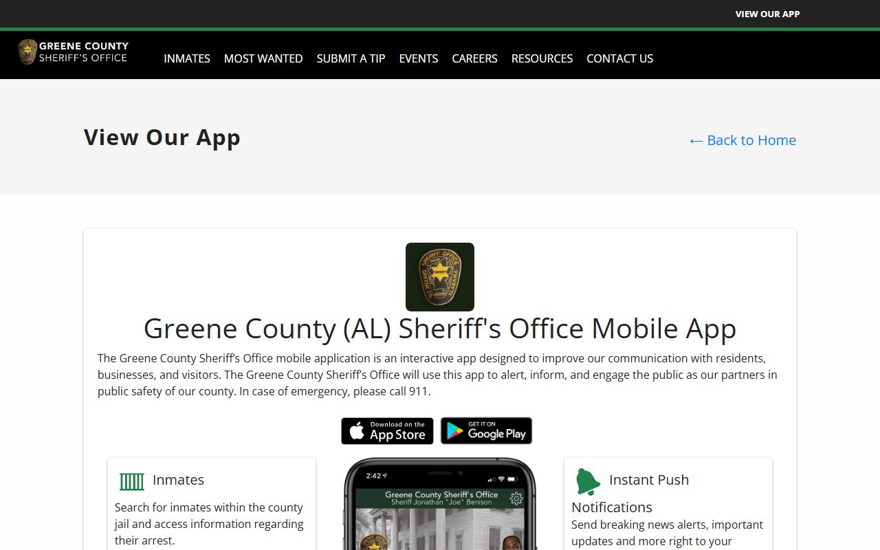 Greene County Jail inmate lookup sheriff app page